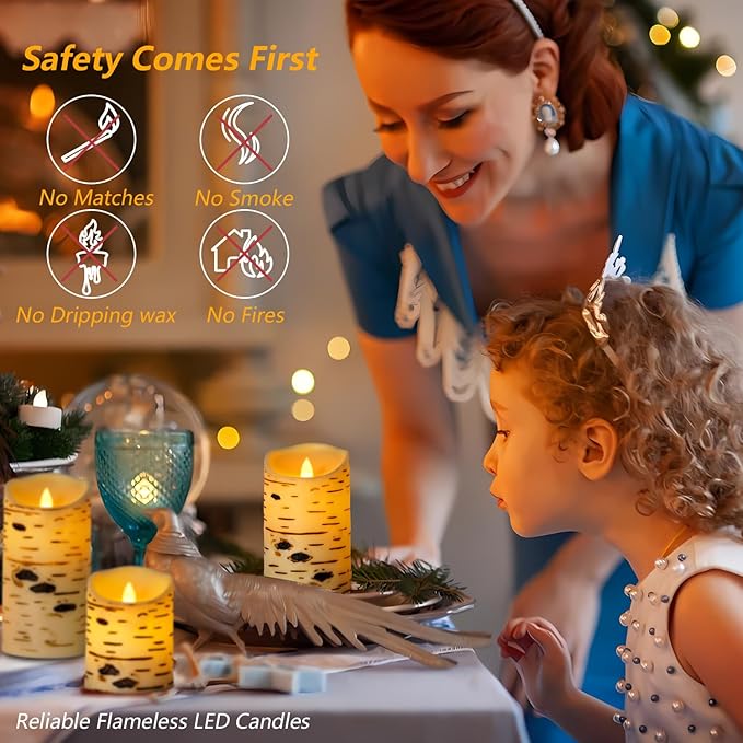 Metaku Flameless Candles Battery Operated Set of 3 Birch Bark LED Pillar Candles with Remote,3D Moving Wick Electric Decorative Candles for Christmas Party Wedding Home Bedroom,D 3"×H4 5" 6"-VerdiqueGarden