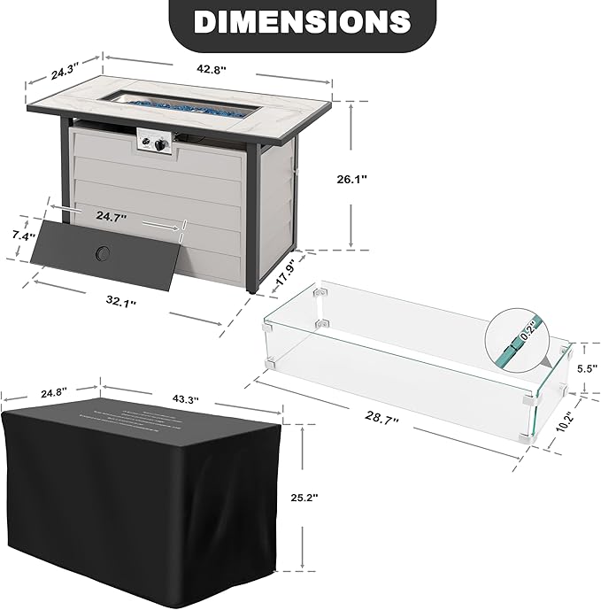 Nuu Garden 43'' Patio Propane Fire Pit Table, 50,000 BTU Gas Fire Pit with Marble-Textured Glass Top, Wind Guard, Lid, Glass Beads, CSA-Certified, 2-in-1 Outdoor Table for Gatherings, Ivory White-VerdiqueGarden