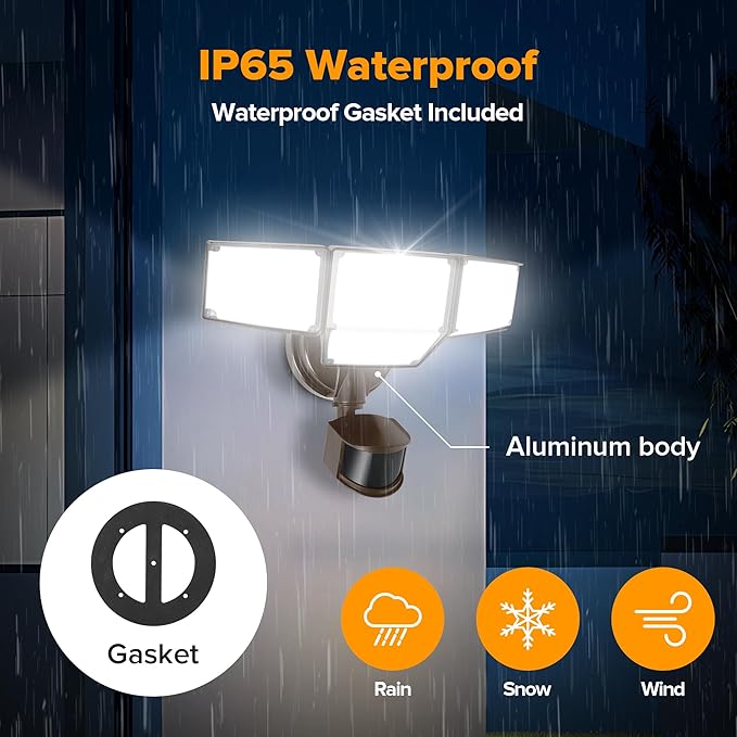 LUTEC 80W 9000LM LED Security Lights Motion Sensor Outdoor Lights, 4 Head LED Flood Light Outdoor 5000K Daylight, IP65 Waterproof, Motion Detected Light for Outside, House, Garage, Yard (Brown)-VerdiqueGarden