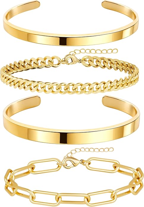 Chunky Gold Bracelets Stack for Women Non Tarnish, Waterproof 14K Gold Plated Bangle Cuff Bracelets Set for Women Trendy Thick Layered Cuban Link Chain Paperclip Rope Stackable Bracelet for Jewelry Gifts