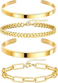 Chunky Gold Bracelets Stack for Women Non Tarnish, Waterproof 14K Gold Plated Bangle Cuff Bracelets Set for Women Trendy Thick Layered Cuban Link Chain Paperclip Rope Stackable Bracelet for Jewelry Gifts