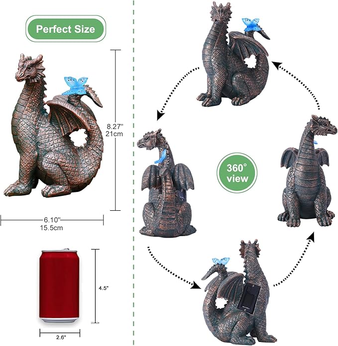 Garden Decor Solar Dragon Statues: Outdoor Sculptures with Glowing Butterfly for Lawn Ornaments Yard Art Porch Patio Balcony - Gifts for Mom Grandma Women-VerdiqueGarden