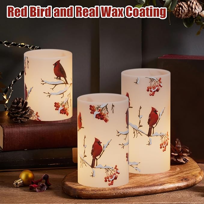 Cardinal Flameless Candles, 3 Pack LED Flickering Pillar Candles with Red Bird Decals, Real Wax Cardinal Home Decor for Halloween Christmas Decor(D3” x H4”5”6”)-VerdiqueGarden