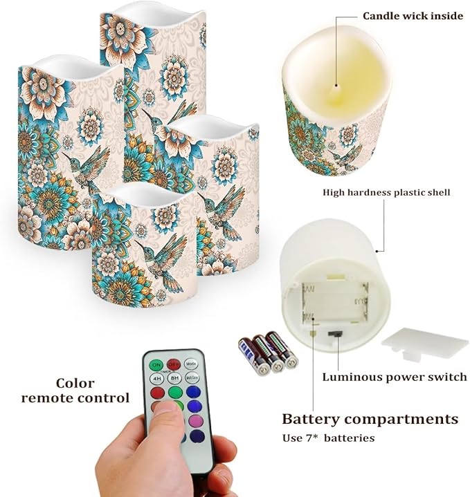 Ystardream Western Hummingbird Flameless Candles with Timer Led Candles Flickering 4 Candle Sets for Home Decor,18 Key Remote Control，Dancing Flames, True Wax, Battery Powered.-VerdiqueGarden