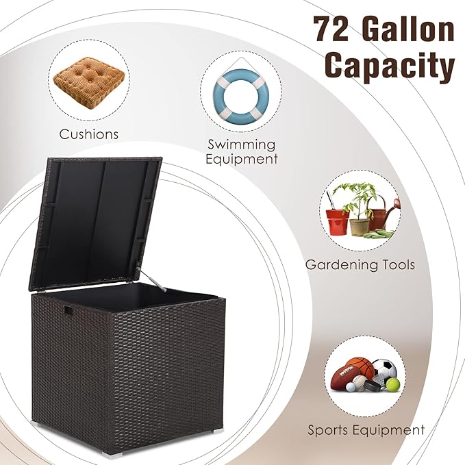 RELAX4LIFE Outdoor Storage Box 72-Gallon - Outside Wicker Storage Bin with Waterproof Zippered Liner, Gas Strut, Package Delivery Boxes for Outside, Accessories, Garden Tools Storage Deck Box-VerdiqueGarden