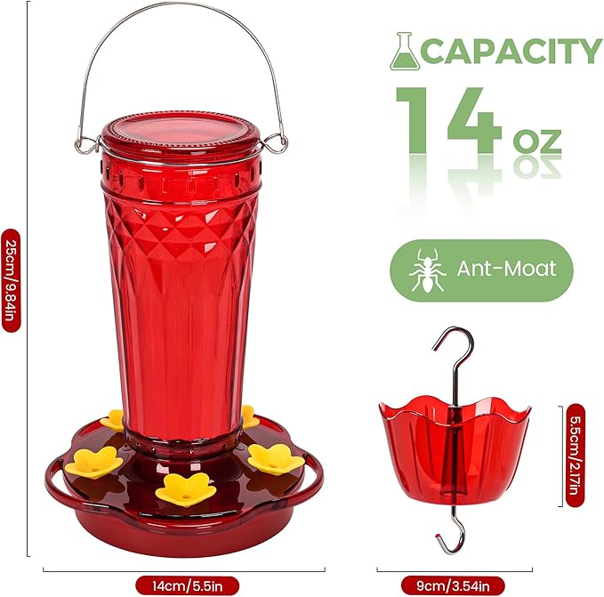 Hummingbird Feeder 2pack-14Ounces，5 Feeding Ports Glass Hummingbird feeders for Outdoors,Wide Mouth for Easy Filling/Cleaning，Hanging for Garden Backyard Decor, Includes Ant Moat (Red)-VerdiqueGarden