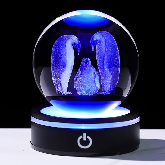 YWHL 3D Crystal Ball Penguin Figurine with LED Base Laser Penguins Gifts for Women Men on Christmas Birthday Decorative Penguin Statue Ball Glass Animals Globe Night Light for Home Decor (80mm)-VerdiqueGarden