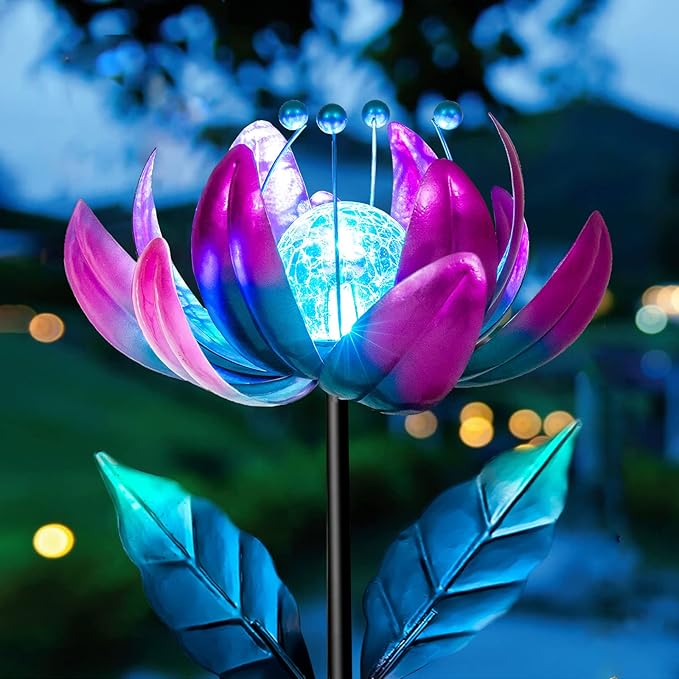 Solar Purple Metal Flower Wind Spinners, Colorful Spinning Windmill Lotus Yard Art Lights Wind Pinwheels with LED Crystal Ball Decorative Stake Lighting Flower Sculpture-VerdiqueGarden