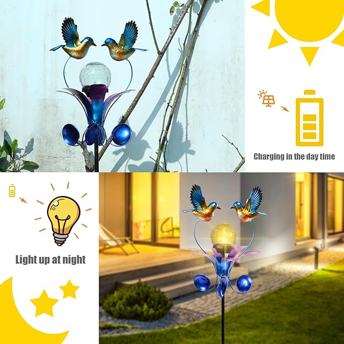 VCUTEKA Solar Lights Outdoor Metal Garden Stake Waterproof Crackle Glass Globe Garden Decor Blue Jay Bird for Pathway, Lawn, Patio, Yard-VerdiqueGarden