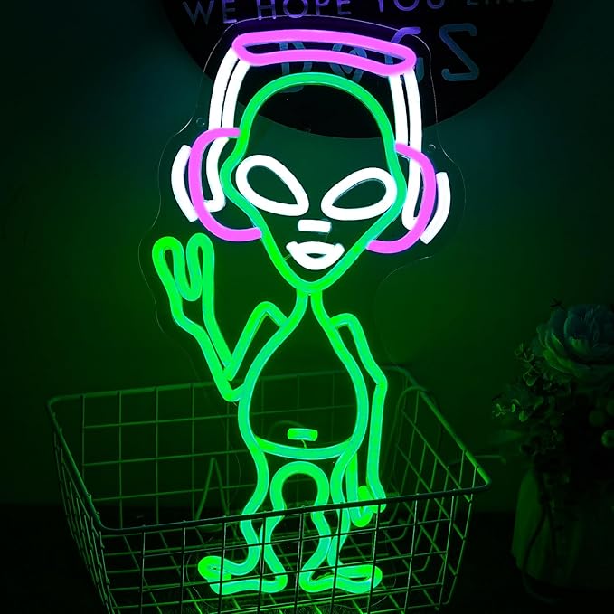 Alien Neon Sign for Wall Decor - Green Music Neon Light Dimmable Cool LED Light Up Sign for Music Studio, Game Room, Party, Bar, Man Cave Decoration-VerdiqueGarden