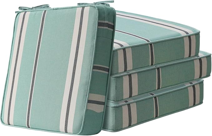 Square Corner Seat Cushions, 19" x 19" x 3", Set of 4, Indoor Outdoor Water Repellent Universal Chair Pads with Ties for Patio Furniture, Garden Deck Dining Chairs, Aqua Stripe-VerdiqueGarden