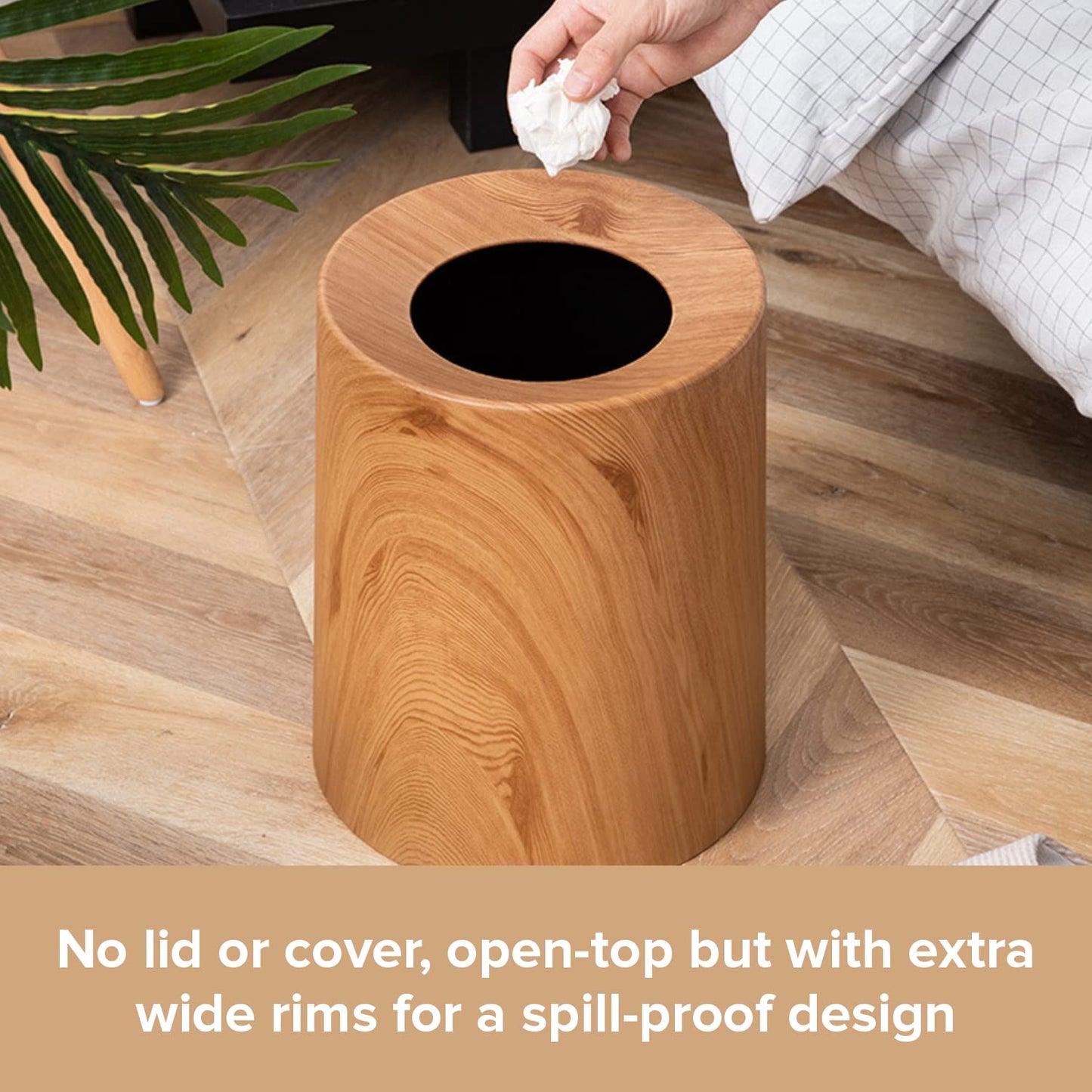 Anti Spill Nordic Wood Grain Look Waste Basket - Kids Pet Proof Garbage Container - Safer & Cleaner Indoor Outdoor Trash Can 3.2Gal - Patio Yard Entry Garbage Can - Round Modern Design 10"x10"x12"-VerdiqueGarden