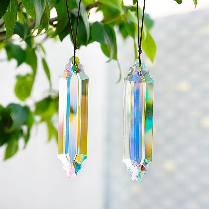 HDCRYSTALGIFTS 2 Pack 5" Large Crystal Suncatcher Prisms,AB Crystals for Sun Catchers,Rainbow Maker Hanging Prisms for Windows,Room,Chandelier,Garden Home Decor-VerdiqueGarden