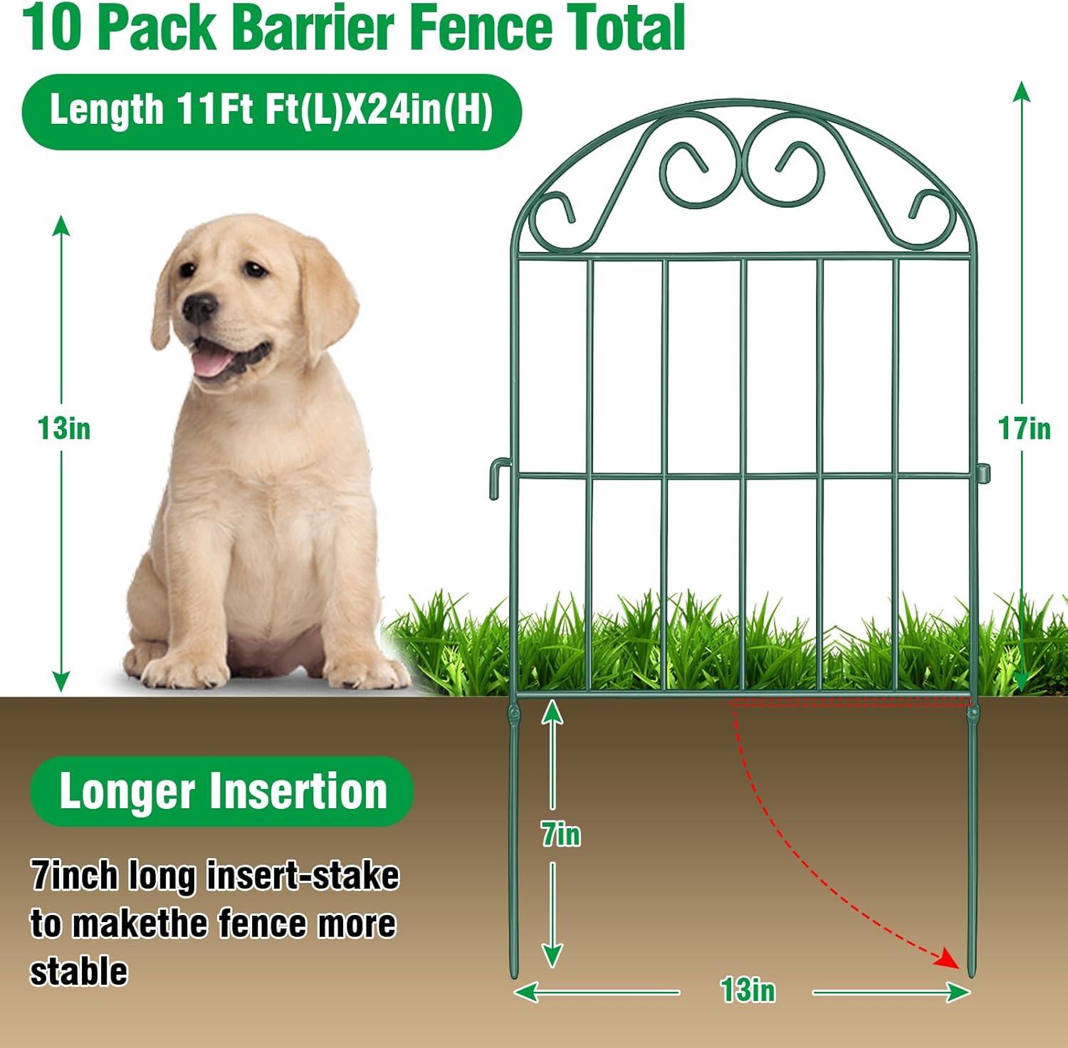 ADAVIN 10 Panels Collapsible Garden Fence Animal Barrier,11 Ft(L) x 24 in(H) Green Rustproof Metal Wire Panel Border for Dogs Rabbits, Flower Edging for Landscape Patio Yard Outdoor Decor, Arched-VerdiqueGarden
