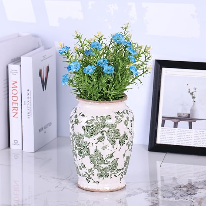 Vintage Vase for Flowers,Green Chinoiserie Ceramic Vase,Rustic Farmhouse Cracked Vases,for Flower Arrangement,Living Room, Office, Shelf, Fireplace Tables,Centerpieces,Chinoiserie Pottery Decor(B)-VerdiqueGarden