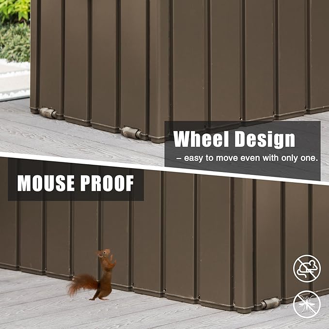 Domi Outdoor Storage Deck Box 120 Gallon, Waterproof Lockable Steel Outdoor Storage Container for Outside Cushions, Garden Tools and Pools Equipment, (Brown)-VerdiqueGarden