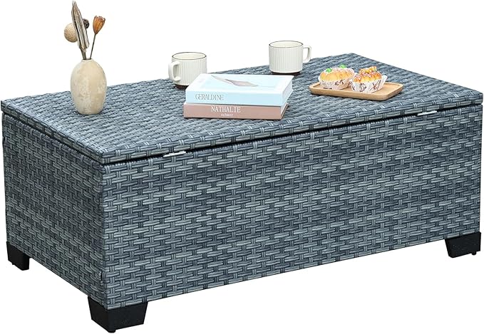 Outdoor Storage Table Wicker Patio Coffee Table All-Weather Rattan Side Table with Waterproof Cover, Grey-VerdiqueGarden