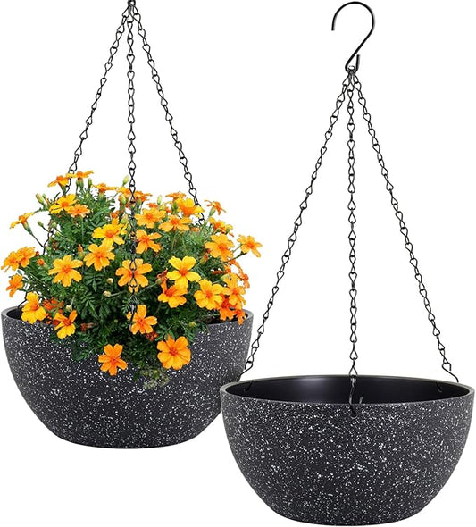 12 inch Large Hanging Planters for Indoor Outdoor Plants, 2 Pack Hanging Flower Pots with Drainage Holes and Chain for Garden Porch, Plastic Hanging Baskets for House Plants, Speckled Black-VerdiqueGarden