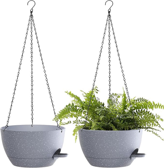 12 Inch Hanging Baskets 2 PC with Chains, Self-Watering Hanging Planters for Indoor Outdoor Plants, Plastic Hanging Flower Pots,Speckled Grey-VerdiqueGarden