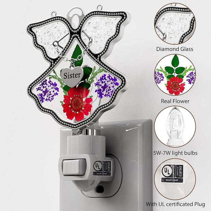 KY&BOSAM Angel Sister Night Light Flower in Glass with Metal Trim Sister Heart Night Light Nursery Bedroom Bathroom Decorative Accent Lite Elegant Home Decoration, Guardian Butte-VerdiqueGarden