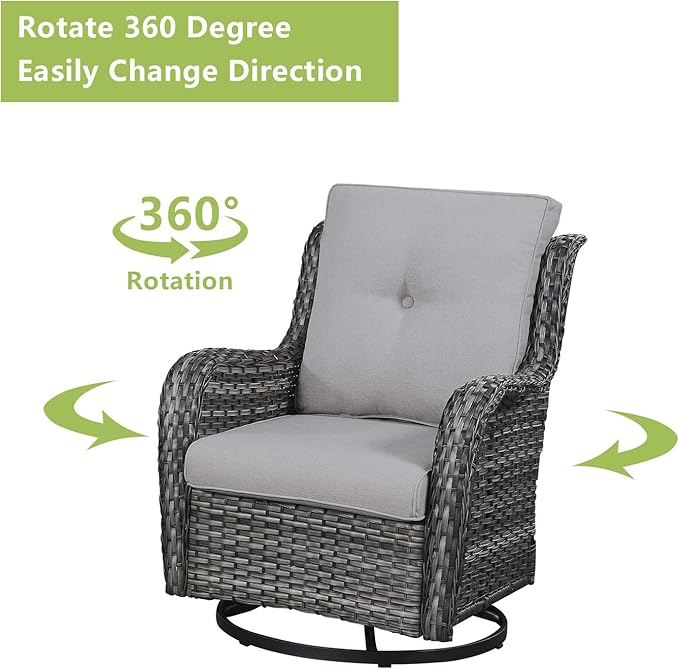 Outdoor Wicker Patio Furniture Set - 6 Piece Rattan Patio Conversation Set with 2 Rocking Swivel Chairs,2 Ottomans,1 Loveseat and 1 Side Table for Porch Deck Backyard Garden(Mixed Grey/Grey)-VerdiqueGarden