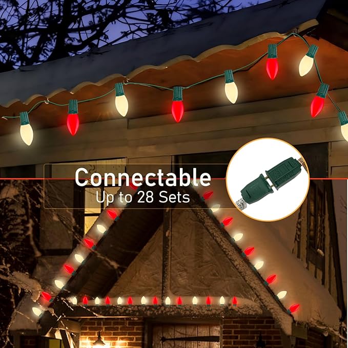 Red White LED Christmas Lights 25FT - Vintage C9 Outdoor String with 26 Bulbs, Extendable Commercial Holiday Decor for Roofline, Patio, Backyard & Parties-VerdiqueGarden