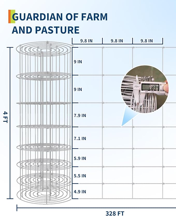 9GA Thickened Heavy Duty Cattle Farm Fence, 4ft x 328ft Galvanized Goat Deer Fence, Heavy Zinc Coating Hog Wire Fencing for Farm Livestock Animals Protection-VerdiqueGarden