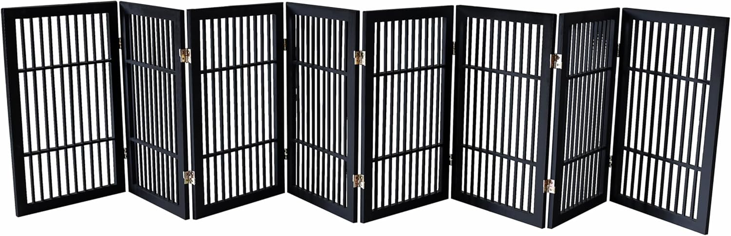 Pet Dog Gate Strong and Durable Freestanding Folding Acacia Hardwood Portable Wooden Fence Indoors or Outdoors by Urnporium (Black Pet Gate, 8 Panel 30" Tall)-VerdiqueGarden