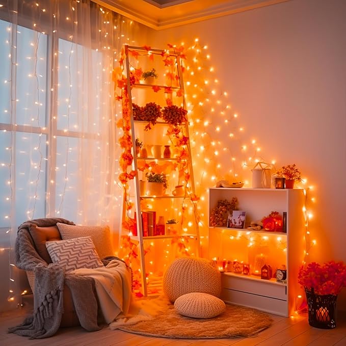 JMEXSUSS Connectable 33ft Halloween Lights Indoor, 100 LED Clear Wire Orange Lights for Halloween, 8 Modes Outdoor Orange Christmas String Light Plug in for Christmas Tree Party Decoration-VerdiqueGarden