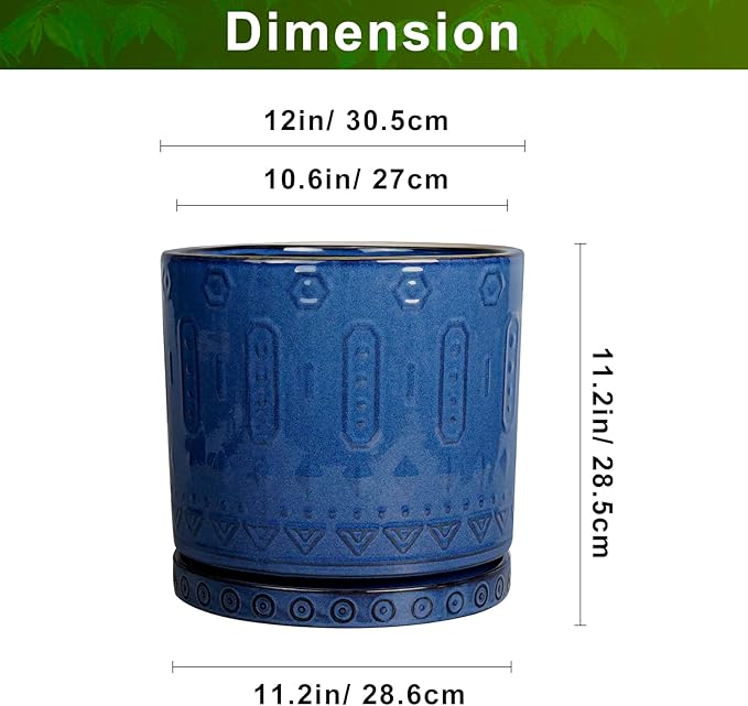 12 Inch Pot for Plants - Ceramic Planter for Indoor Plants Large Plant Pot with Drainage Holes and Saucer Outdoor Flower Pot Decorative Round Planter for Porch Office Decor Blue-VerdiqueGarden