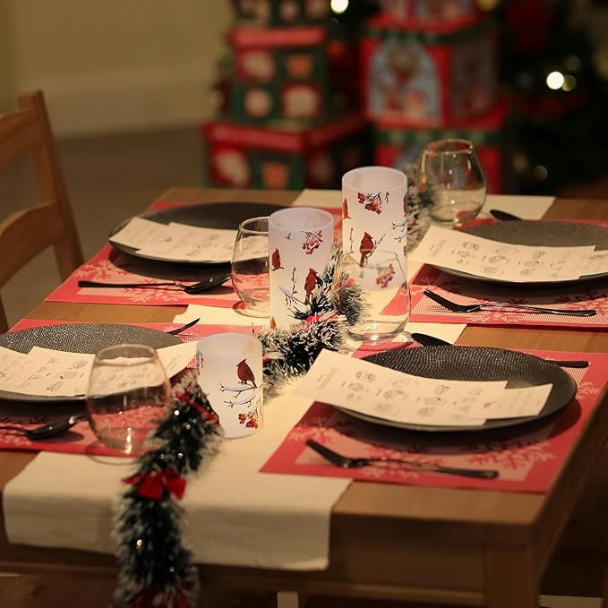 Cardinal Flameless Candles, 3 Pack LED Flickering Pillar Candles with Red Bird Decals, Real Wax Cardinal Home Decor for Halloween Christmas Decor(D3” x H4”5”6”)-VerdiqueGarden