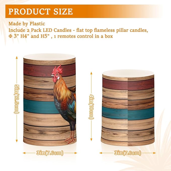 Flickering Flameless Candles, Rooster LED Candles with Remote Timer, Set of 2 Battery Operated Candle for Valentine Wedding Birthday-VerdiqueGarden