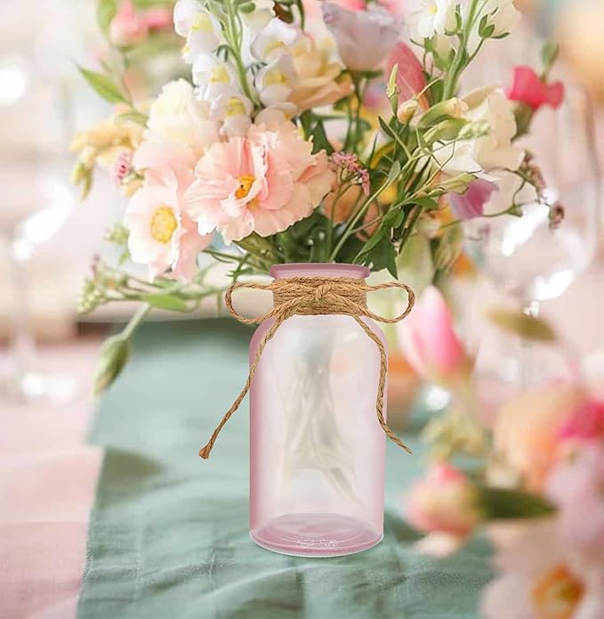 Vintage Glass Flower Vase，6 Pack Pink Farmhouse Glass Centerpiece Vases Mason Jars for Weddings, Parties & Home Decor Bulk (6, Pink)-VerdiqueGarden