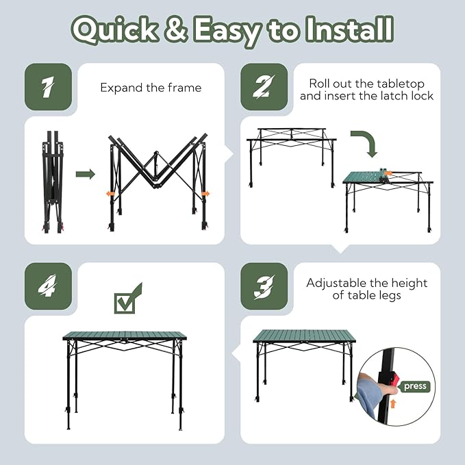 Portable Outdoor Adjustable Height Camping Table, Large for 2-6 Person, Foldable Roll-up Aluminum Camp Table with Carry Bag for Picnic, Camp, Sturdy, Stable, Loads 220 Lbs (Green)-VerdiqueGarden