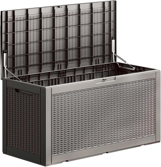 100 Gallon Waterproof Deck Box, Lockable Resin Storage Box for Patio Furniture Cushions Garden Tools and Outdoor Delivery Storage, Coffee-VerdiqueGarden