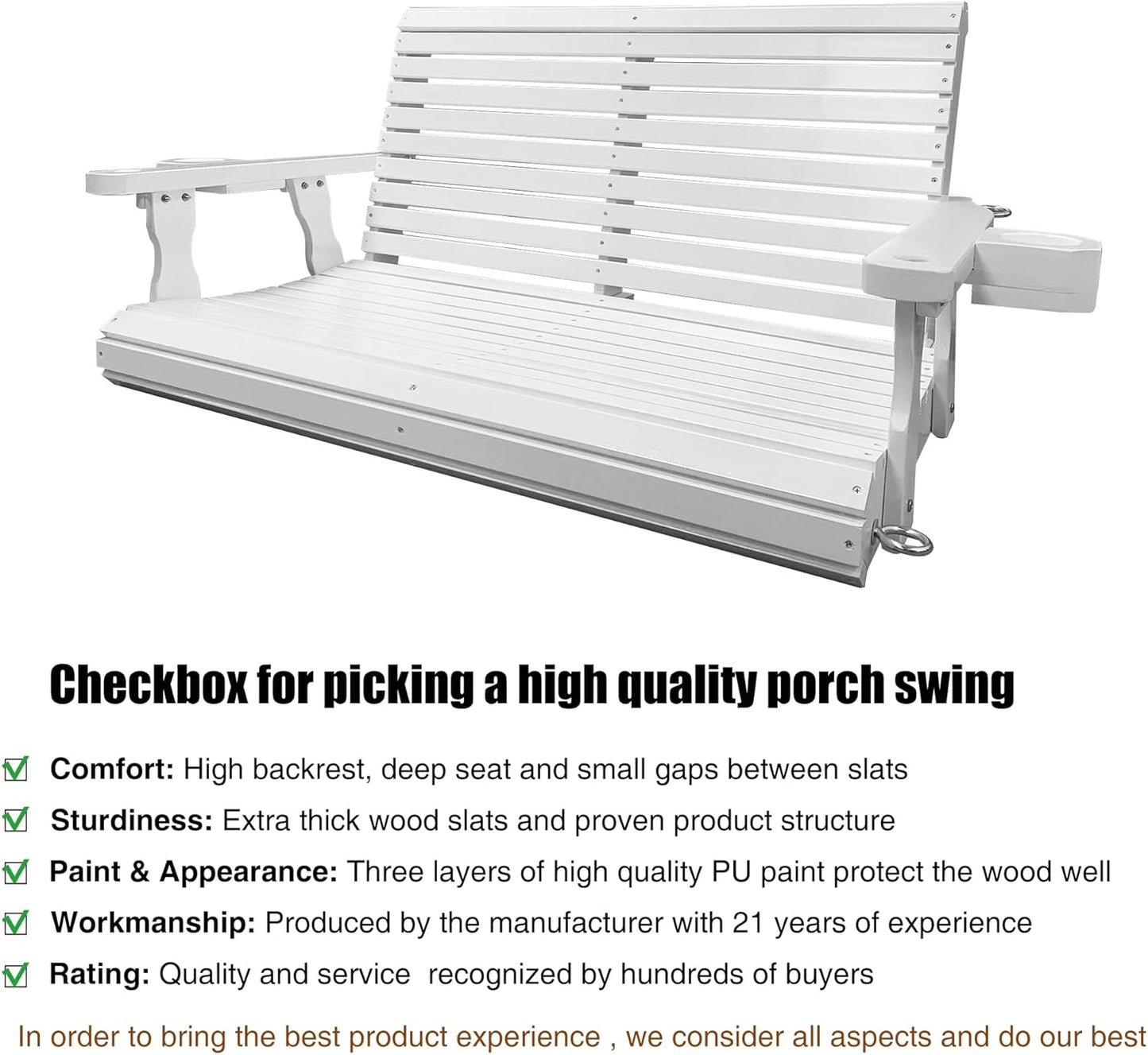 Wooden Porch Swing 2-Seater, Bench Swing with Cupholders, Hanging Chains and 7mm Springs, Heavy Duty 800 LBS, for Outdoor Patio Garden, Pure White, 4 FT Extra Large-VerdiqueGarden