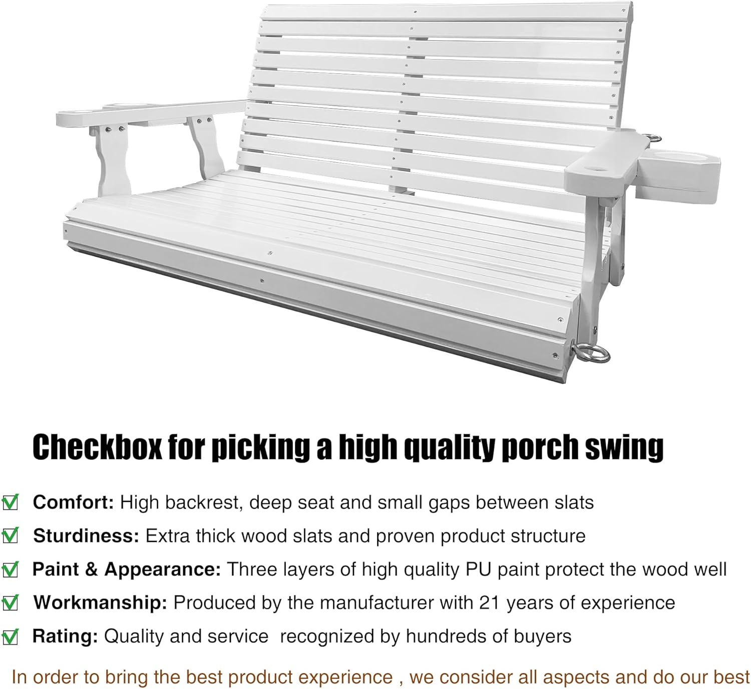 Wooden Porch Swing 2-Seater, Bench Swing with Cupholders, Hanging Chains and 7mm Springs, Heavy Duty 800 LBS, for Outdoor Patio Garden, Pure White, 4 FT Extra Large-VerdiqueGarden