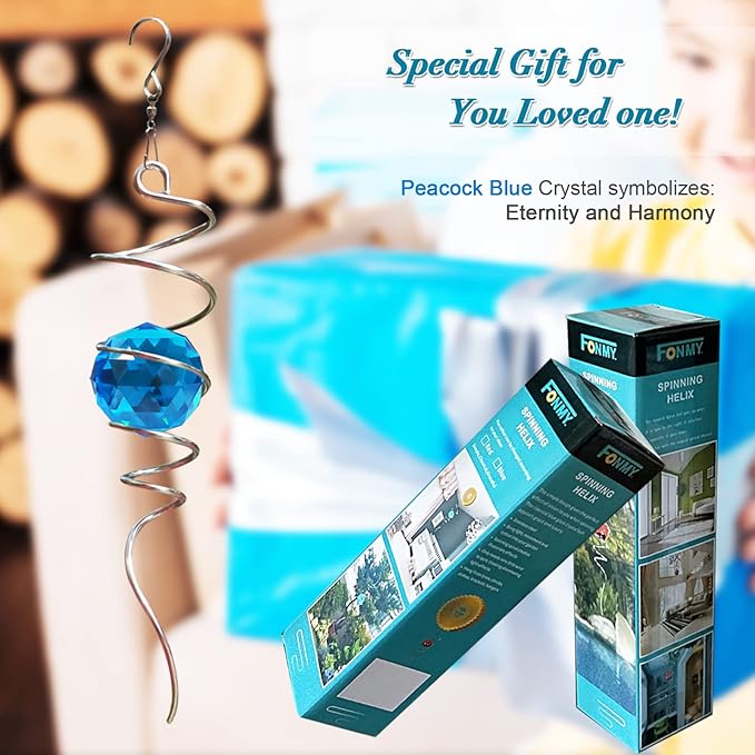 Fonmy Gazing Ball Spiral Tail -Decorative Wind Spinner Sun Catcher Rainbow Maker 11 inch Tail and 2 inch Peacock Blue Crystal Orb. Indoor Outdoor Garden Decoration -13 inch Height-VerdiqueGarden