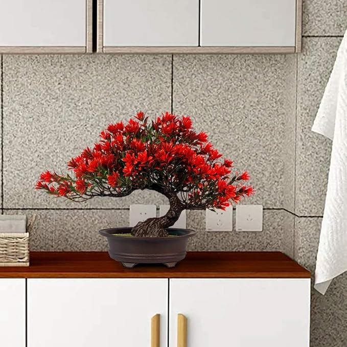 Fake Plants Plastic Artificial Bonsai Tree, Red Bonsai Tree for Home Bedroom Office Desk Farmhouse Room Decor, Tall 9.5"-VerdiqueGarden