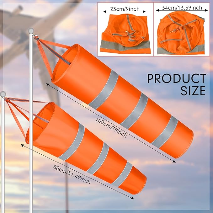 2 Pcs Airport Windsocks Measurement Sock Bag with Reflective Belt Oxford Fabric Ripstop Wind Sock Wind Direction Indicator Windsocks Outdoor Aviation Flag for Airport Farm, 31.5 Inch, 39 Inch(Orange)-VerdiqueGarden