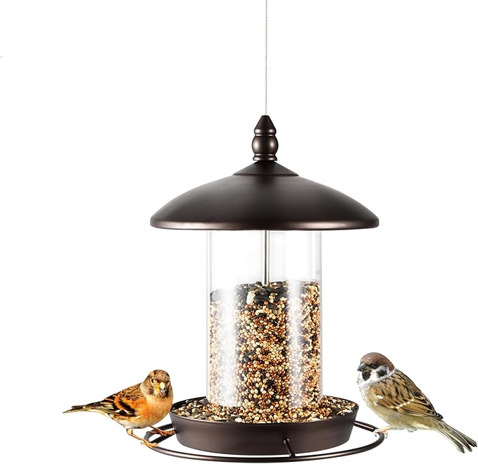 Metal Bird Feeder for Outside Hanging,Wild Bird Feeders for Cardinal, Large Roof and Tray - 6 Port-VerdiqueGarden