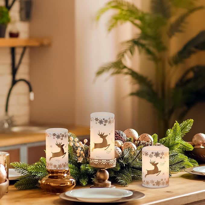 KunSween Christmas Flameless Candles with 6H Timer, 3 Pack LED Flickering Candles with Gold Deer Decals and Real Wax, Christmas Winter Decorations for Home Indoor Table Centerpieces-VerdiqueGarden