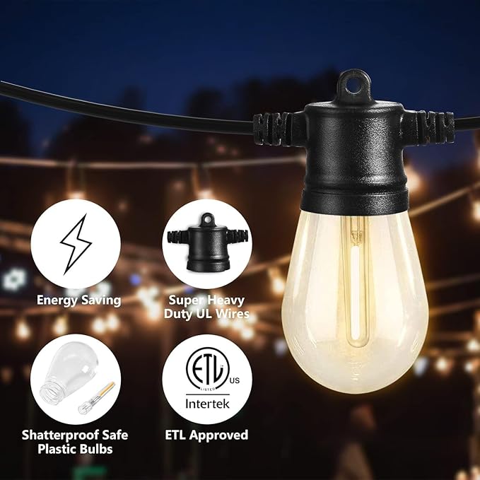 SUNTHIN Outdoor String Lights, 144ft(3 Pack 48ft) Patio Lights with LED Shatterproof Bulbs, Hanging for Outside, Garden, Backyard, Deck, Porch, Bistro, Pool, Party-VerdiqueGarden
