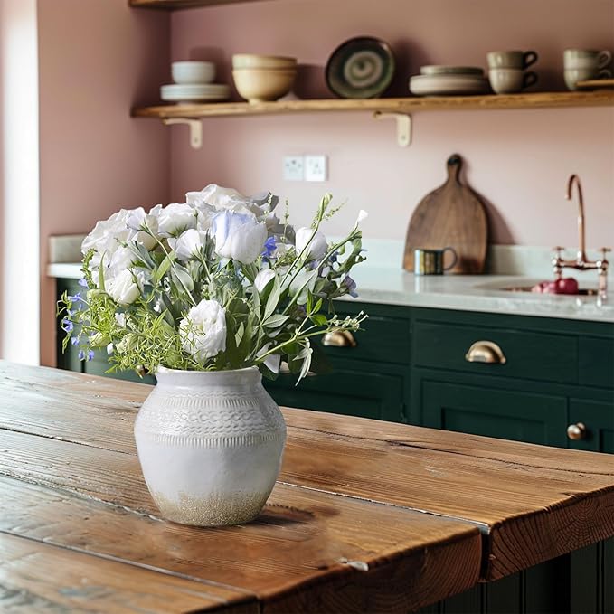 Quoowiit Ceramic Rustic Farmhouse Vase, White Distressed Flower Vase for Home Decor, Boho Decorative Vases for Centerpiece Table Decorations, Vases for Living Room Kitchen Entryway Mantle Shelf Decor-VerdiqueGarden