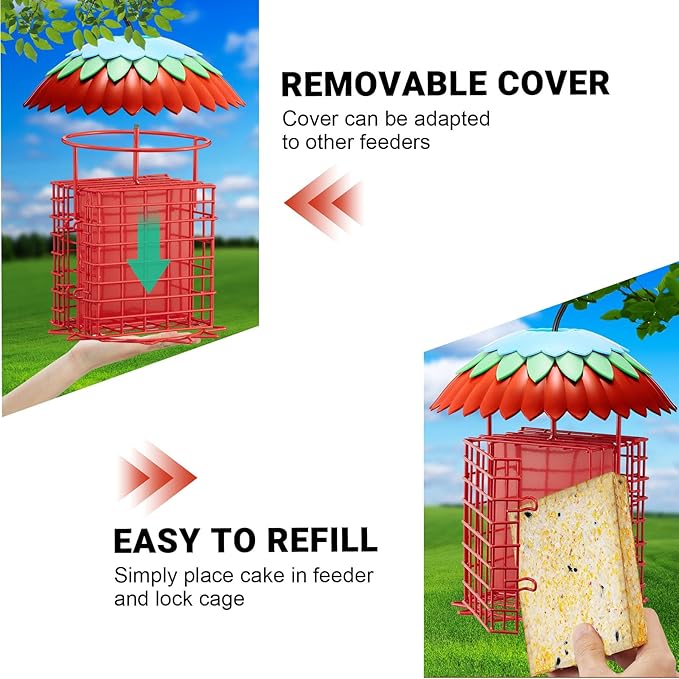 Suet Feeder Double with Weather Guard & Ant Moat, Skaithee Bird Feeders for Outdoors Hanging with 2 Holders Keep Cakes Clean & Fresh Attracts Wild Birds Great for Woodpecker & Clinging Birds, Red-VerdiqueGarden