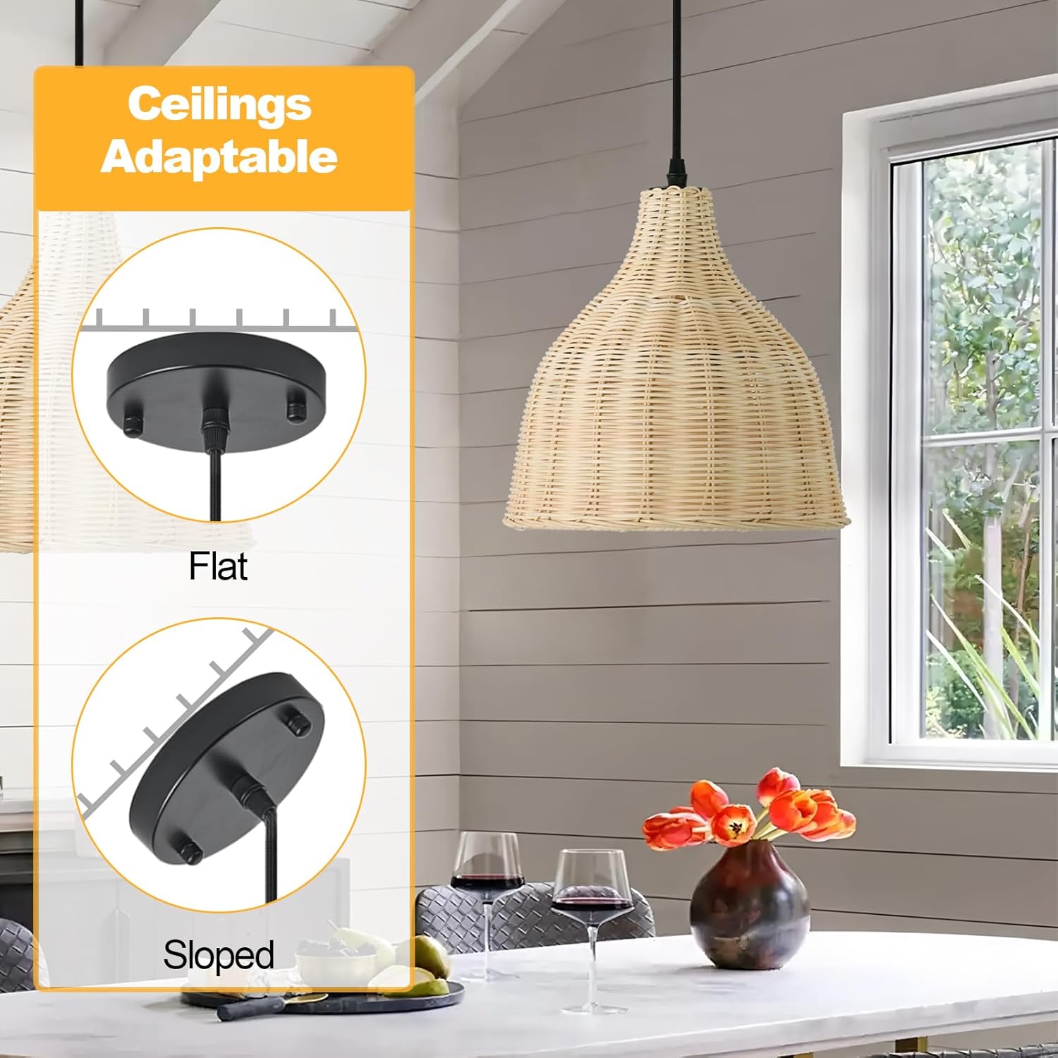 TERLEENART Hard Wired Rattan Pendant Lights Set of 2,Boho Wicker Chandelier with 9.84” Dome Shade, Basket Hand Woven Hanging Lamp for Coastal Kitchen Island Dining Room Living Room Bar Foyer Hallway-VerdiqueGarden