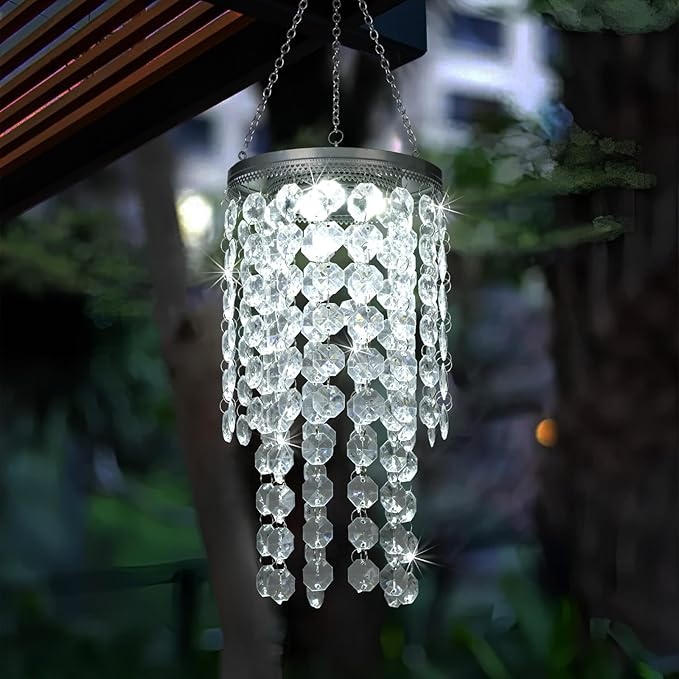 Hanging Solar Crystal Chandelier Outdoor, 21” Modern Solar Transparent Acrylic Beaded Lantern with Cool White LED S Hooks for Garden Yard Patio Gazebo Outside Decor-VerdiqueGarden
