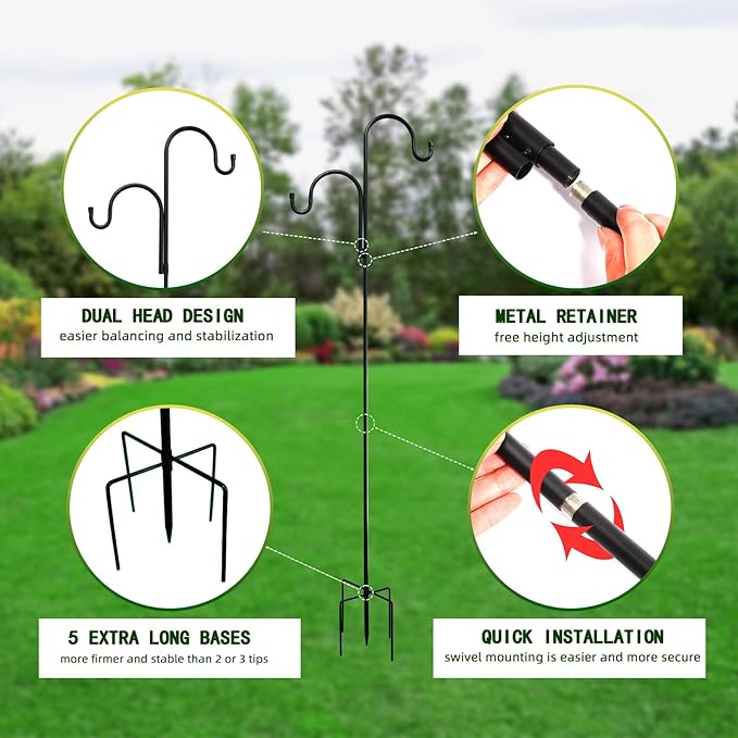 Double Shepherds Hooks for Outdoor, Bird Feeder Pole with 5 Prongs Base, Heavy Duty Garden Hook for Lantern, Wind Chime and Hummingbird Feeder, 45 Inch, 2 Pack-VerdiqueGarden