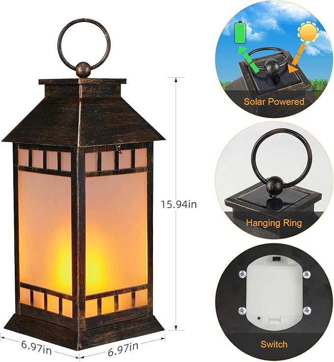 18'' Glass Solar Lantern Outdoor Waterproof, Large Hanging Solar Lanterns with Flickering Flame Lights, Metal Outdoor Lantern Decorative for Patio Garden Backyard Tabletop, Vintage Bronze-VerdiqueGarden