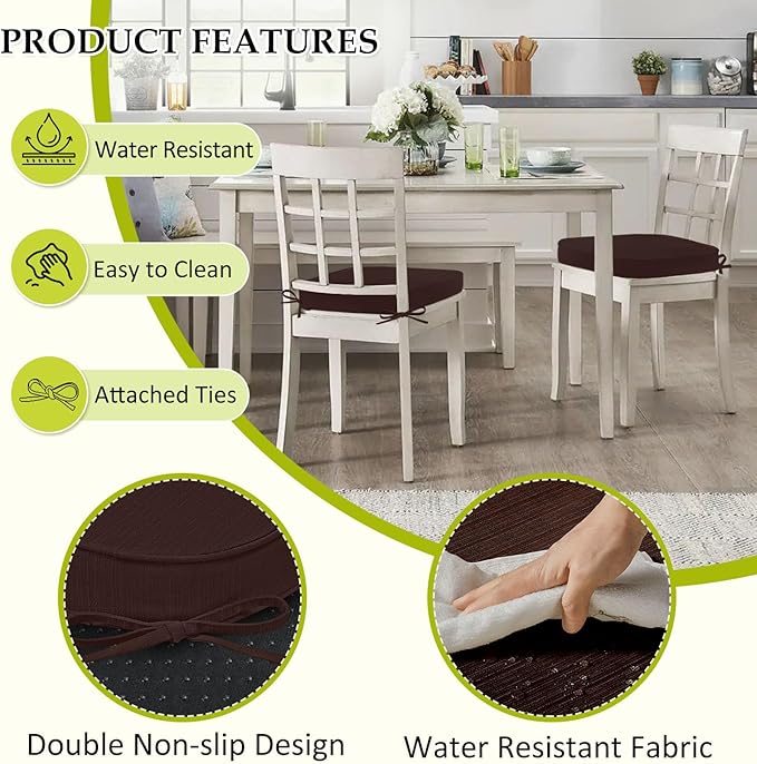 Chair Cushions for Dining Chairs, Indoor Chair Cushions with Ties，Waterproof Chair Pads Set of 6, Brown, 17x16x2.5 Inch-VerdiqueGarden